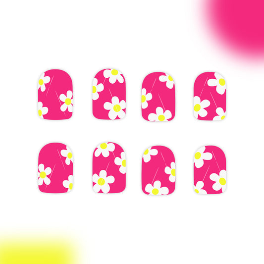 Whimsical Floral Fantasy Short Square Bright Pink Press On Nail Set with Charming Daisy Design