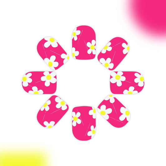 Floral Fantasy Press On Nail Set in Bright Pink Short Square Shape with Charming Daisy Design