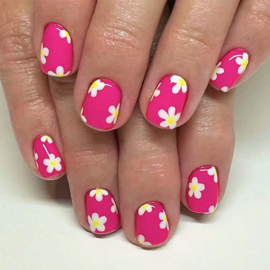 Floral Finesse Short Length Square Shape Bright Pink Color Charming Daisy Design Press On Nail Set