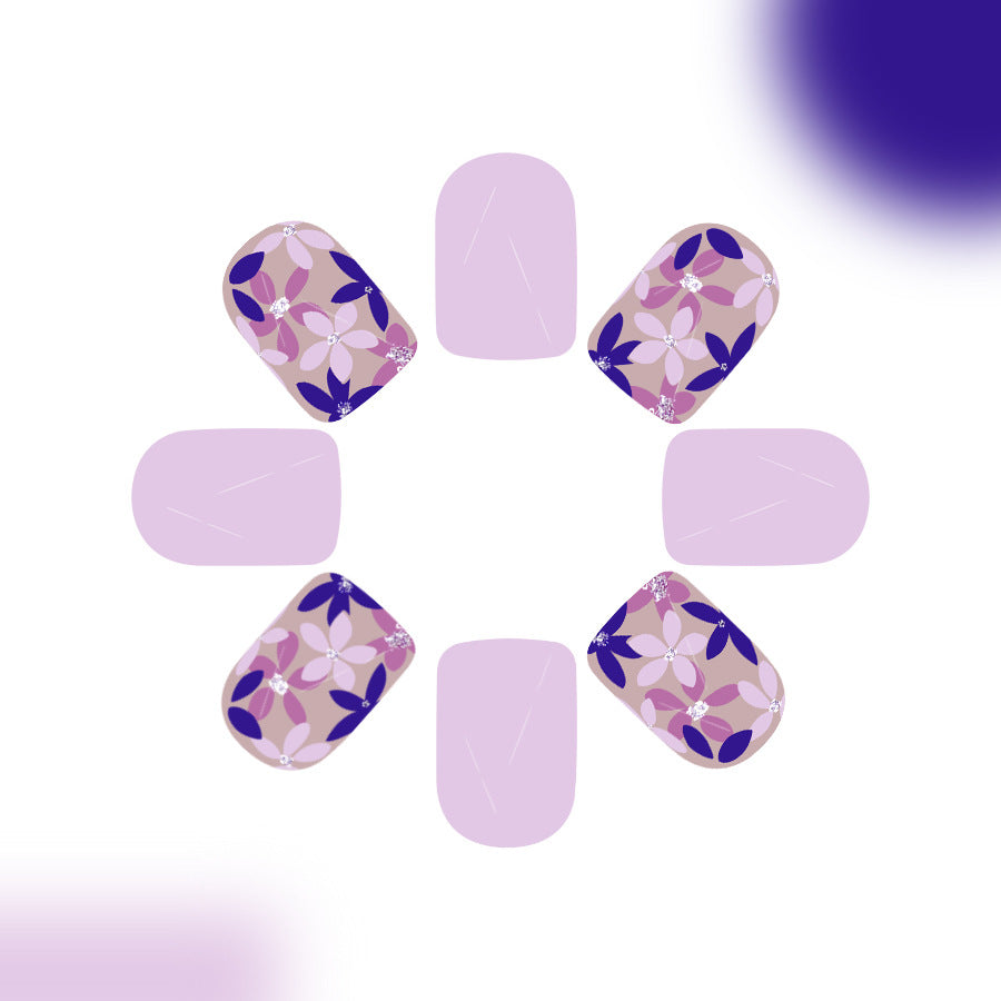 Floral Dream Vibrant Lavender Short Square Press On Nail Set with Whimsical Botanical Patterns