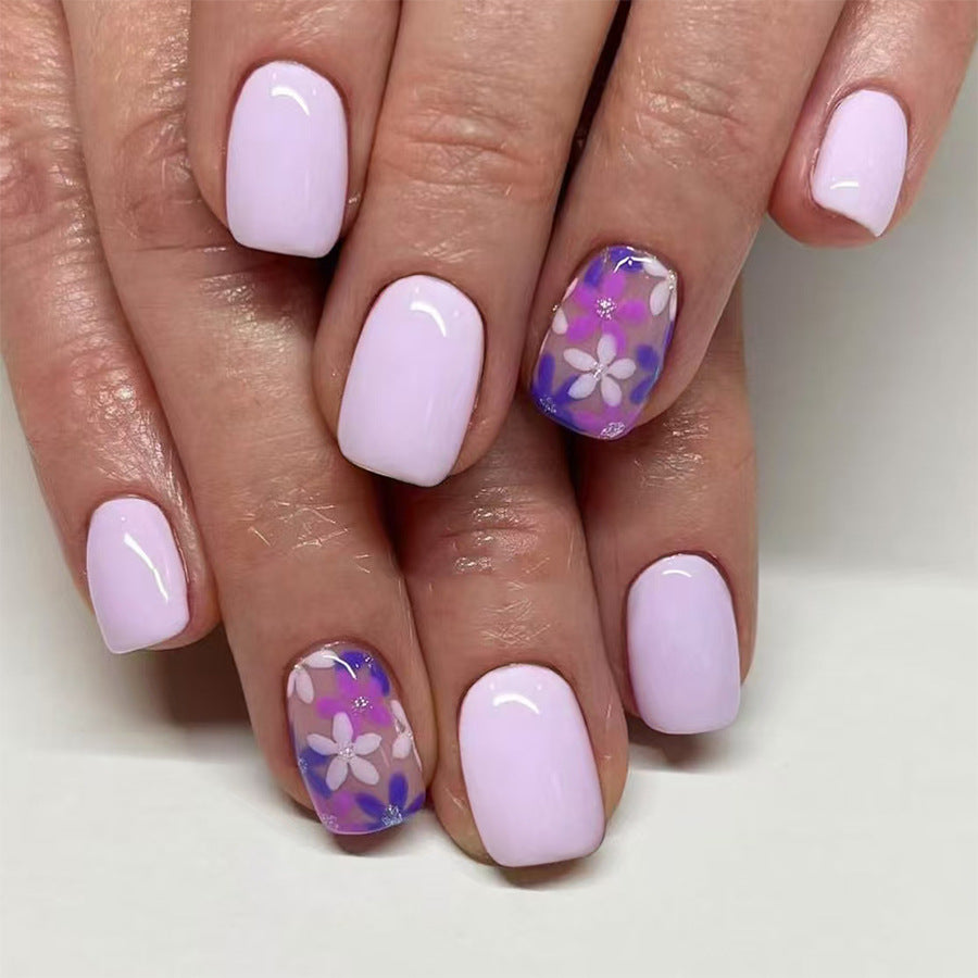 Blossoming Dream Smooth Short Square Lavender Press On Nail Set with Floral Accent Design