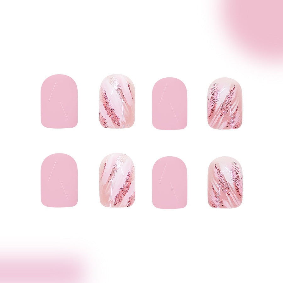 Charming Pastel Dream Press On Nail Set Short Square Light Pink with Glitter Stripes