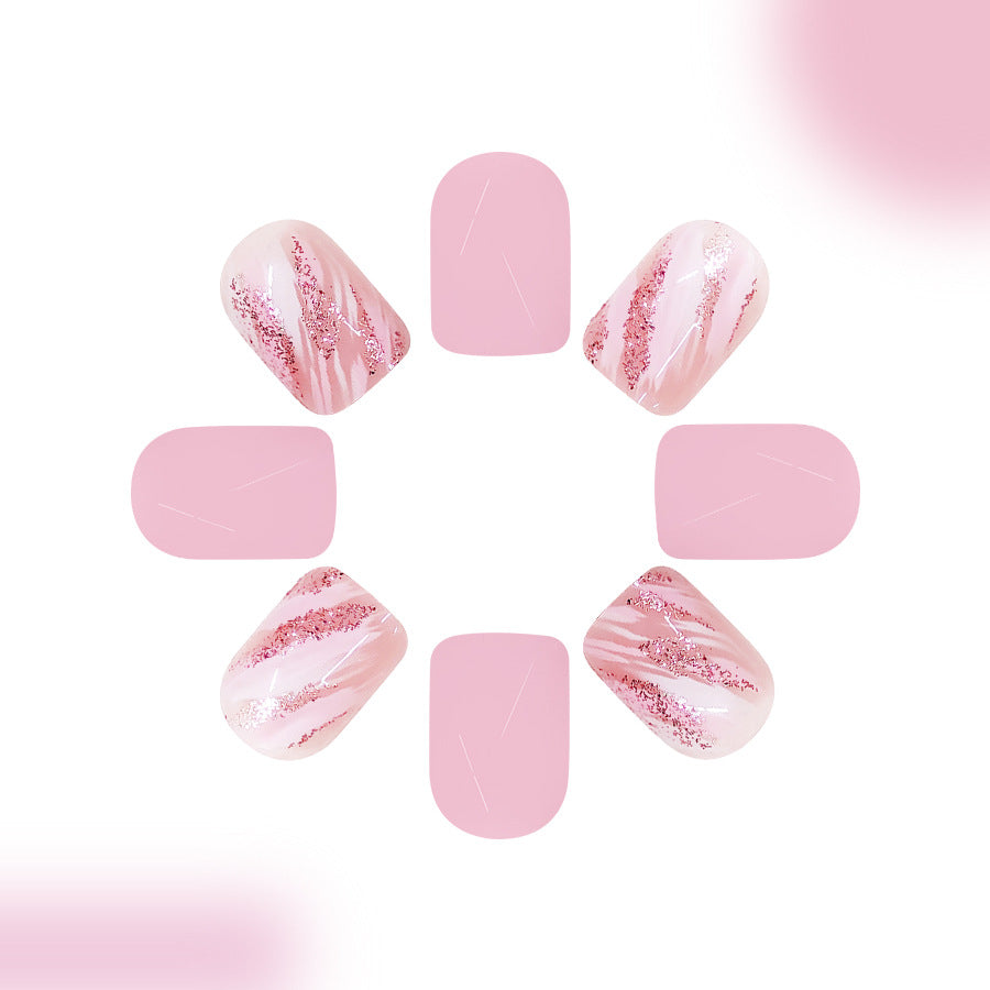 Chic Pink Elegance Square Short Length Glossy Finish with Glittery Swirl Design Press-On Nail Set