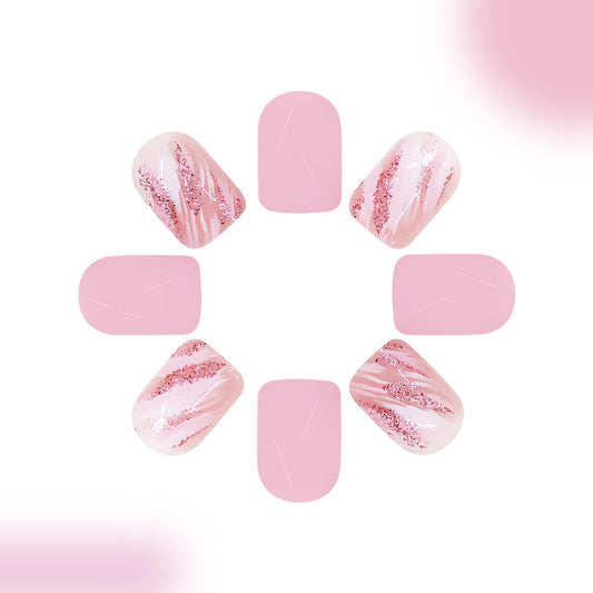 Chic Pink Elegance Square Short Length Glossy Finish with Glittery Swirl Design Press-On Nail Set
