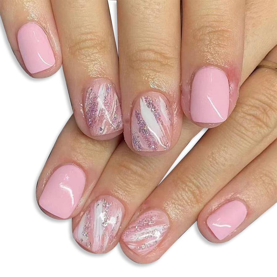 Whimsical Blossom Short Square Pink with Dazzling Glittery Swirls Press On Nail Set