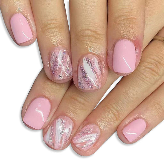 Whimsical Blossom Short Square Pink with Dazzling Glittery Swirls Press On Nail Set