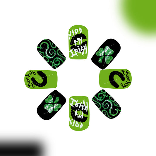 Lucky Charm Vibrant Short Square Green Press On Nail Set with Glittery Shamrock Design
