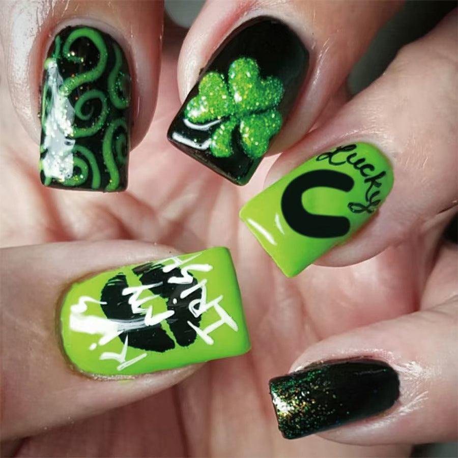 Lucky Charms Short Square Green and Black Press-On Nail Set with Glitter Accents