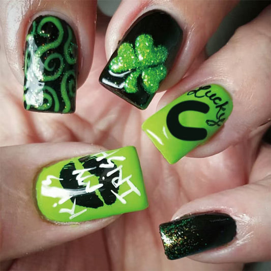 Lucky Charms Short Square Green and Black Press-On Nail Set with Glitter Accents