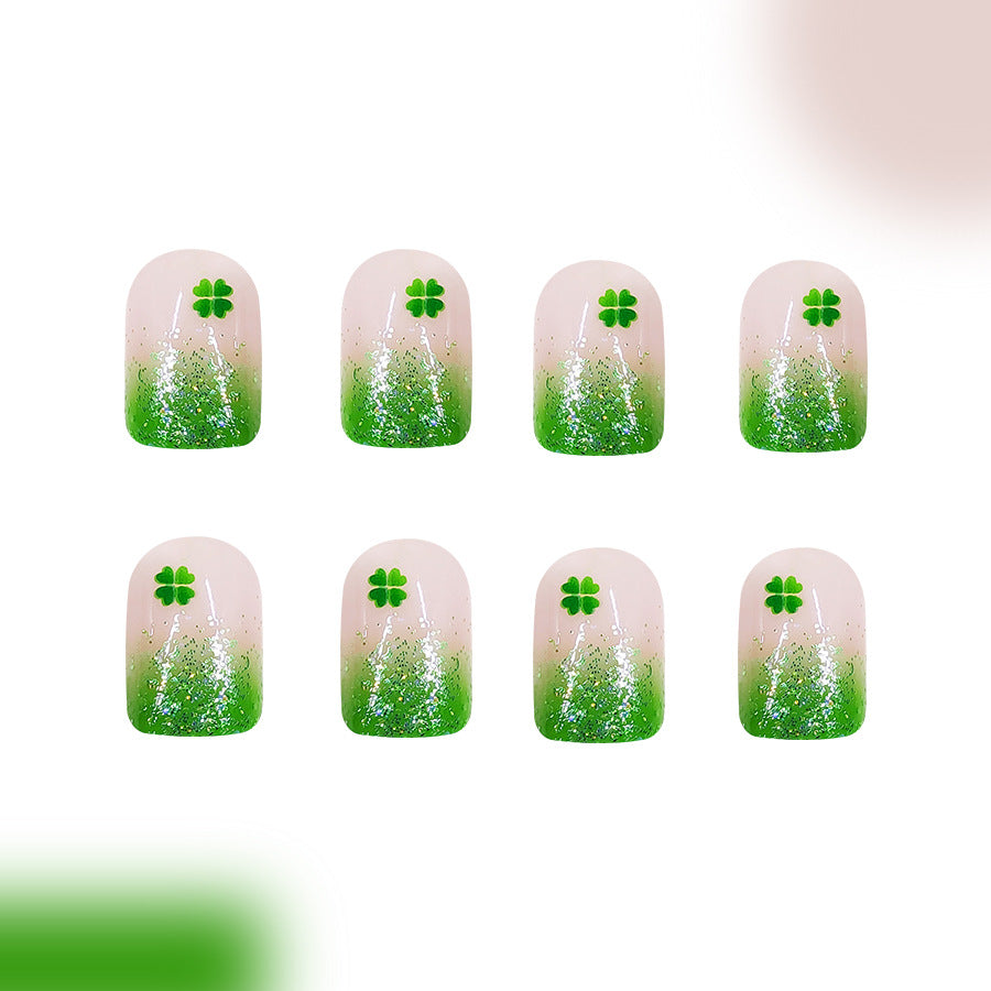 Lucky Clover Inspired Short Square Green Ombre Glitter Press On Nail Set