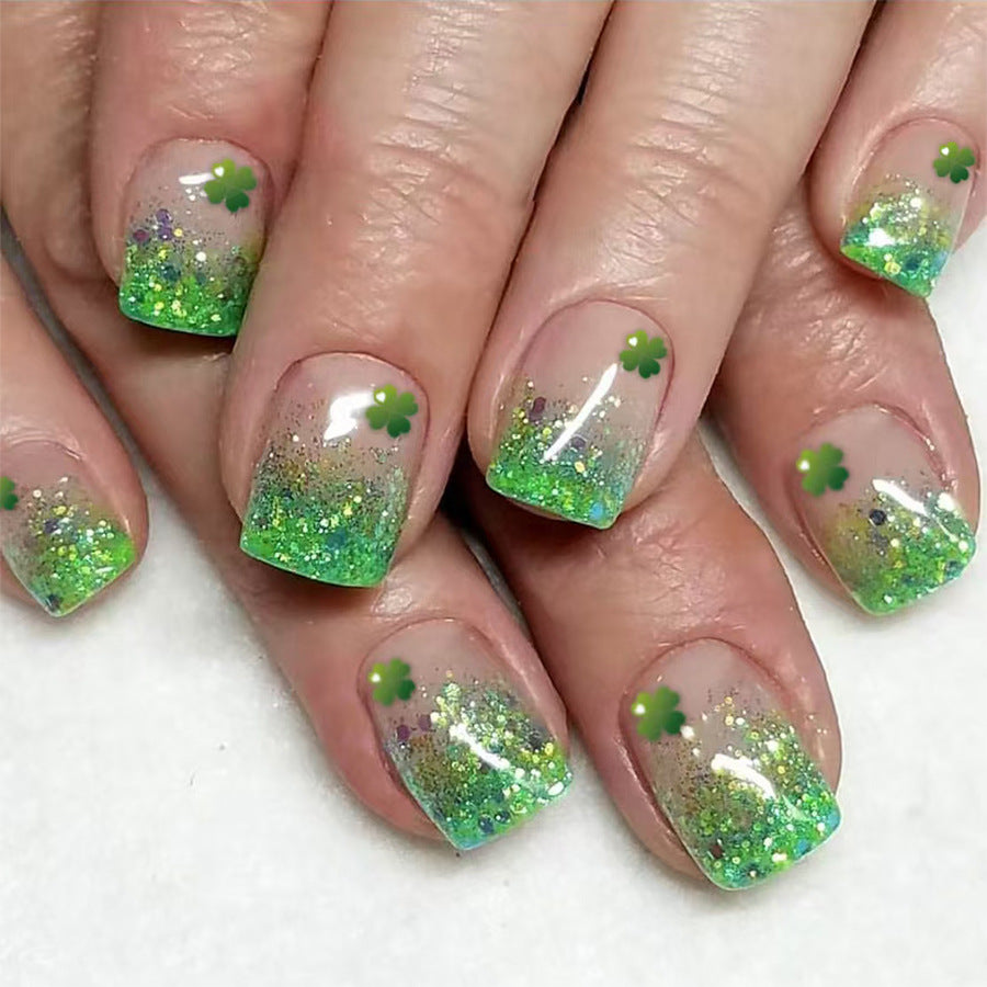 Emerald Enchantment Short Square Green Glittery Gradient Press-On Nail Set with Shamrock Accents