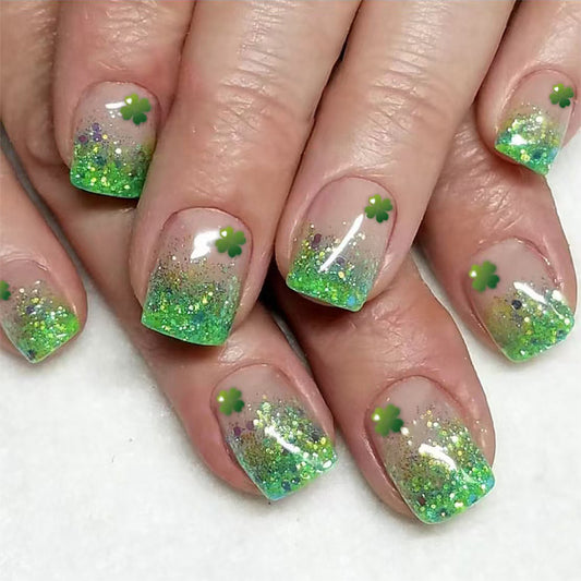 Emerald Enchantment Short Square Green Glittery Gradient Press-On Nail Set with Shamrock Accents