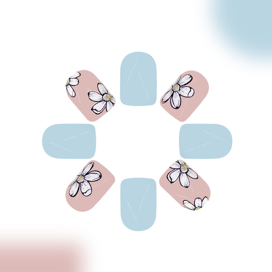 Blooming Garden Short Square Pastel Blue and Soft Pink Floral Press-On Nail Set
