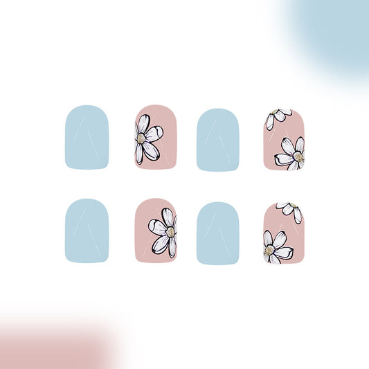 Garden Delight Soft Short Square Pastel Blue and Blush with Floral Accents Press On Nail Set