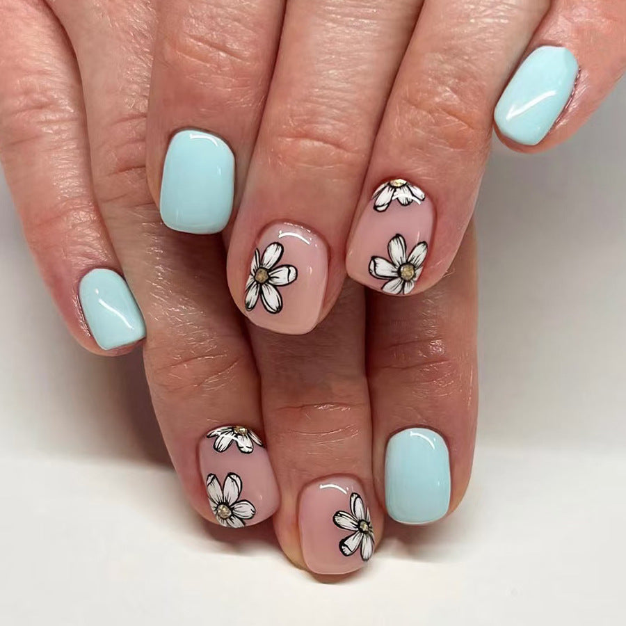 Whimsical Blossom Dream Short Square Pastel Blue Floral Press-On Nail Set