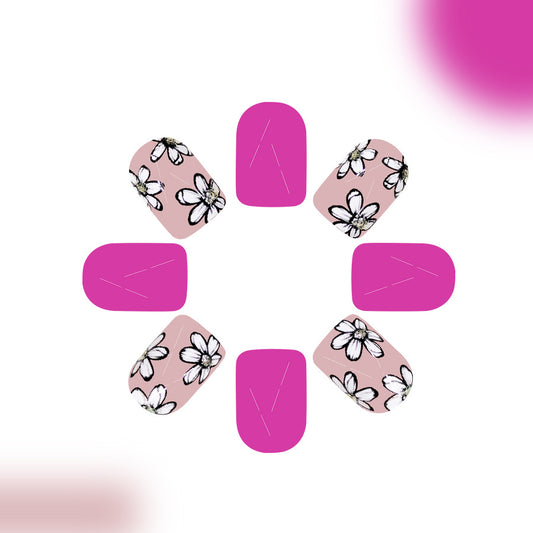 Blossoming Elegance Short Square Shaped Pink Floral Press-On Nail Set with High Gloss Finish