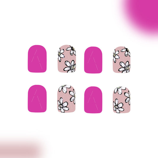 Floral Fantasy Short Square Pink and Beige Press on Nail Set with Dainty Flower Accents