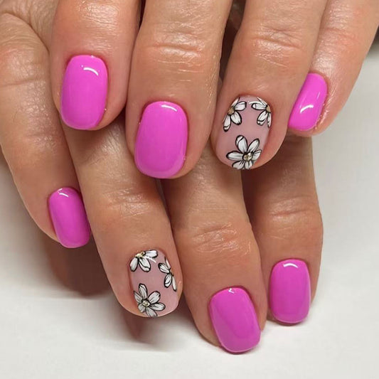 Whimsical Blossom Enchantment Short Squoval Bright Pink with Delicate Floral Accent Press On Nail Set
