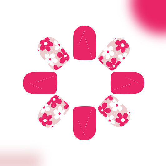 Whimsical Floral Elegance Short Square Pink with Charming Flower Design Press On Nail Set