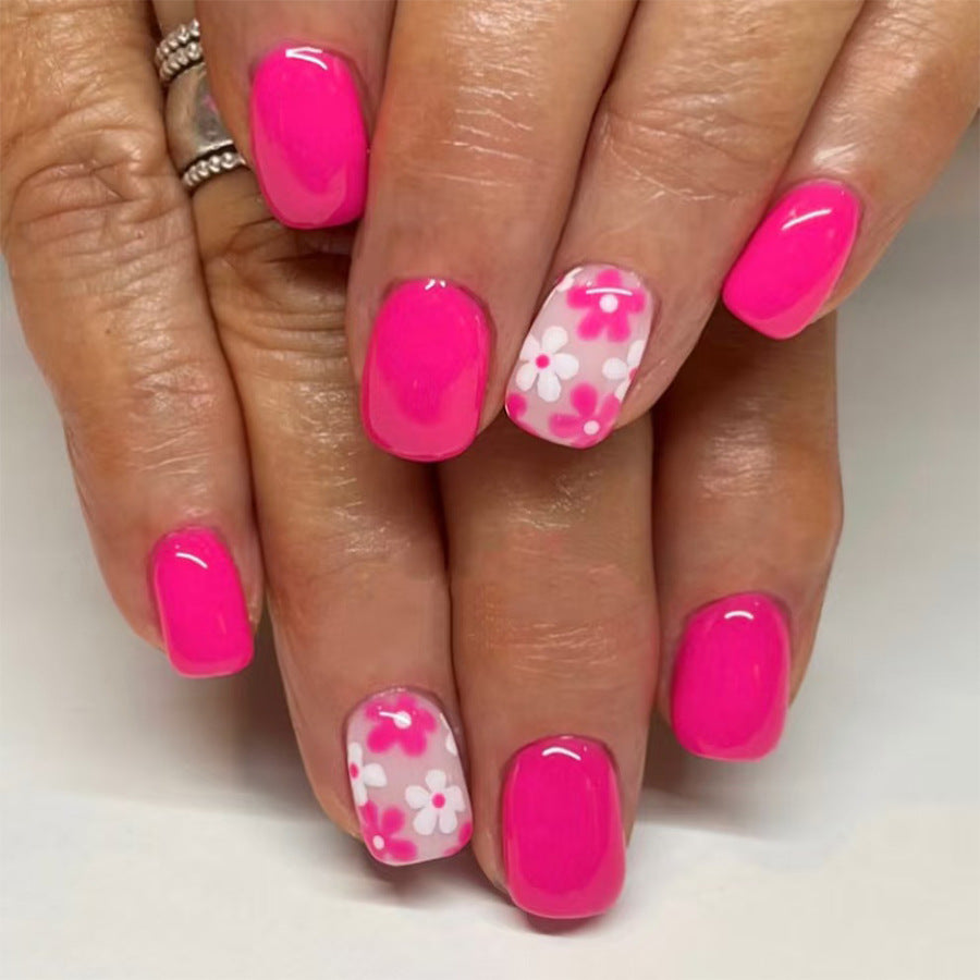 Flower Power Vivid Pink Short Squoval Press On Nail Set with Charming Floral Accent