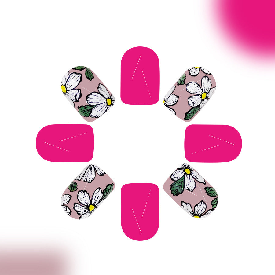 Blooming Garden Chic Short Square Medium Pink Floral Press On Nail Set with Glossy Finish