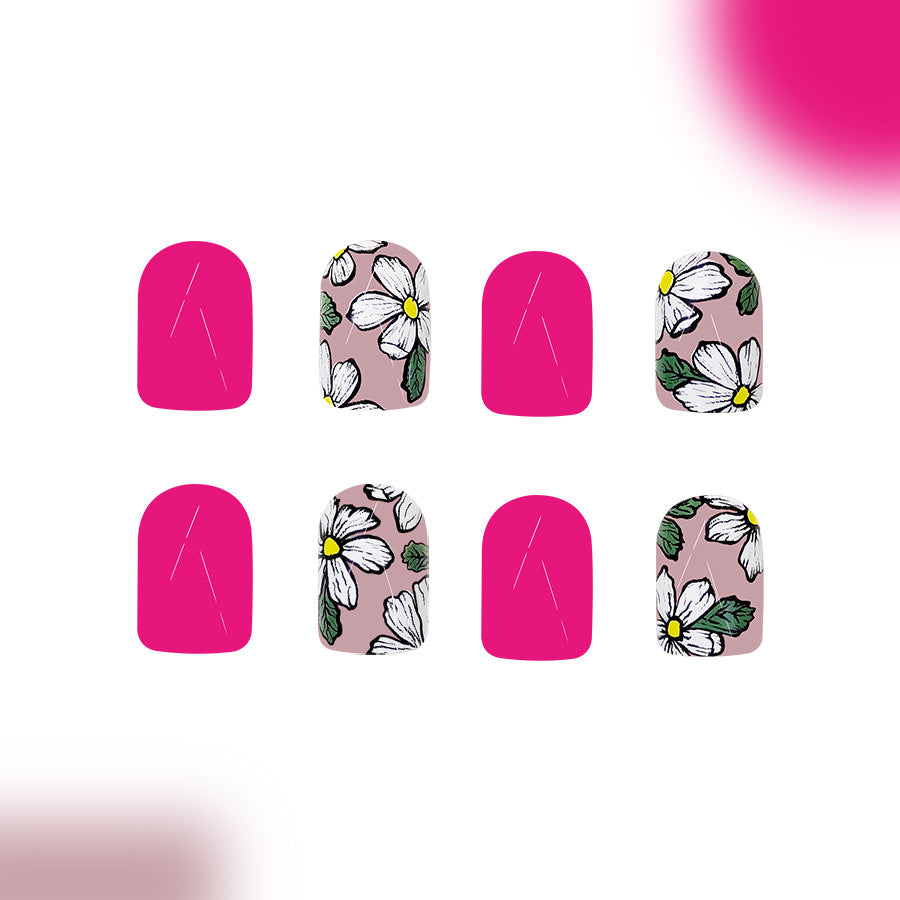 Floral Delight Short Square Bright Pink with Whimsical Daisy Design Press On Nail Set