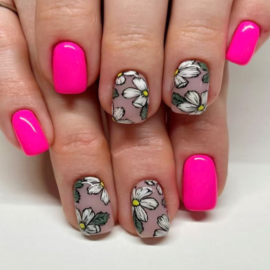 Floral Fiesta Short Square Bright Pink and Elegant Daisy Accent Press-On Nail Set