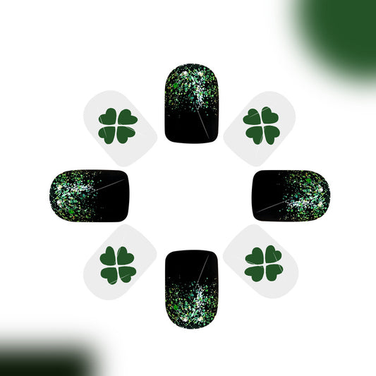 Lucky Charm Black and Green Short Square Glitter Press On Nail Set