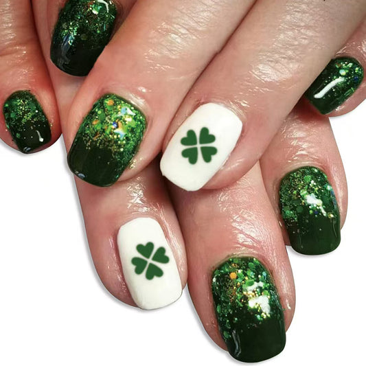 Starlit Emerald Elegance Medium Square Faux Nails in Deep Green with Glitter and Lucky Clover Accents