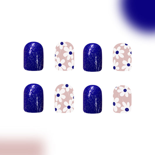 Floral Night Sky Short Squoval Blue and Beige Daisy Print Press On Nail Set