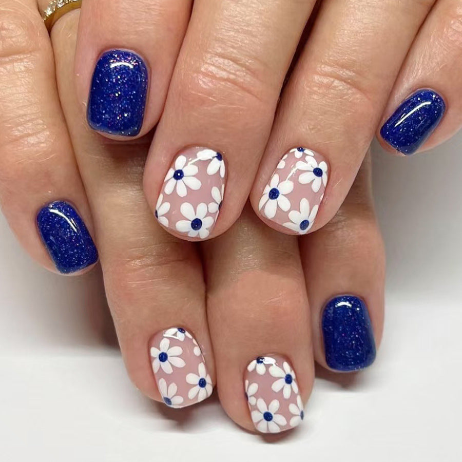 Botanical Bliss Square Medium Blue Glitter and Floral Design Press On Nail Set
