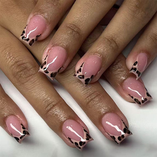 Wild Safari Chic Medium Square Pink Nails with Unique Animal Print Tips