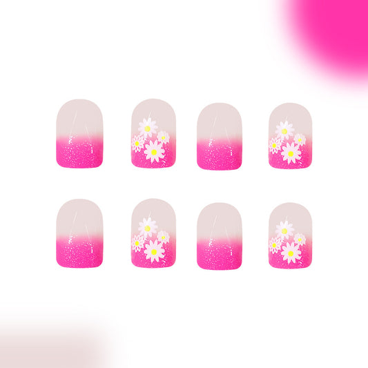 Floral Fantasy Short Square Pink Ombre with Daisies and Glitter Press-On Nail Set