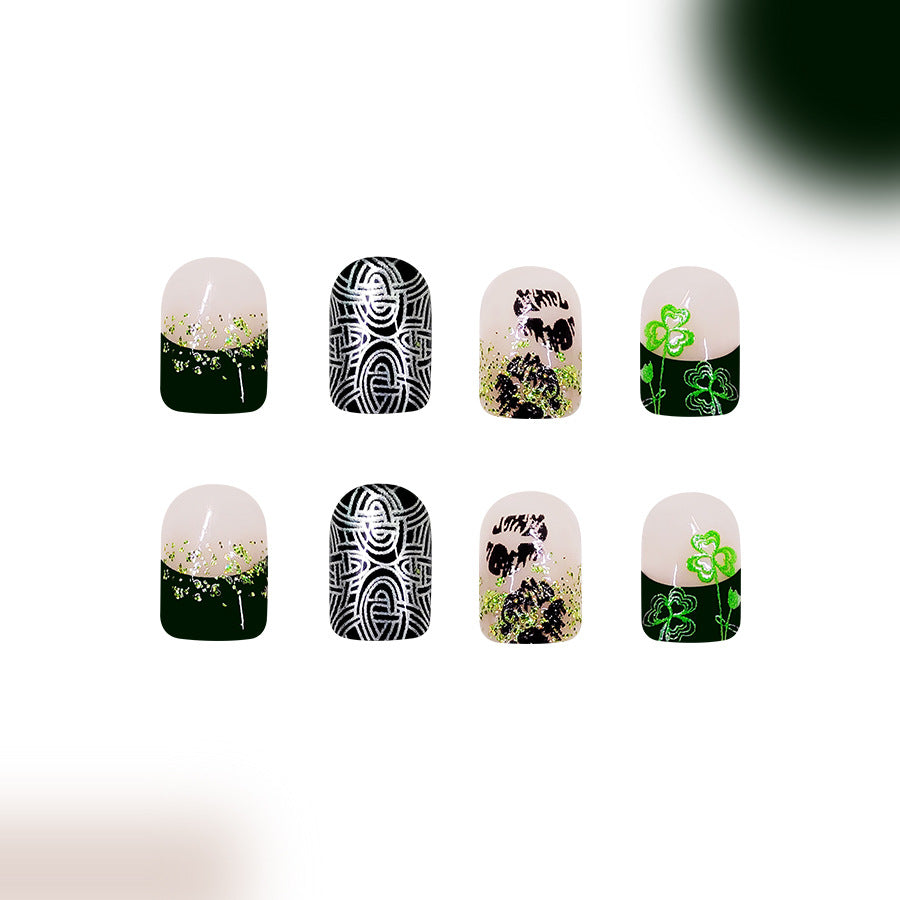 Lucky Charm Green Short Square Press On Nail Set with Unique Artwork and Glitter Accents