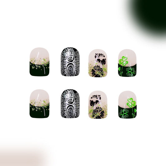 Lucky Charm Green Short Square Press On Nail Set with Unique Artwork and Glitter Accents
