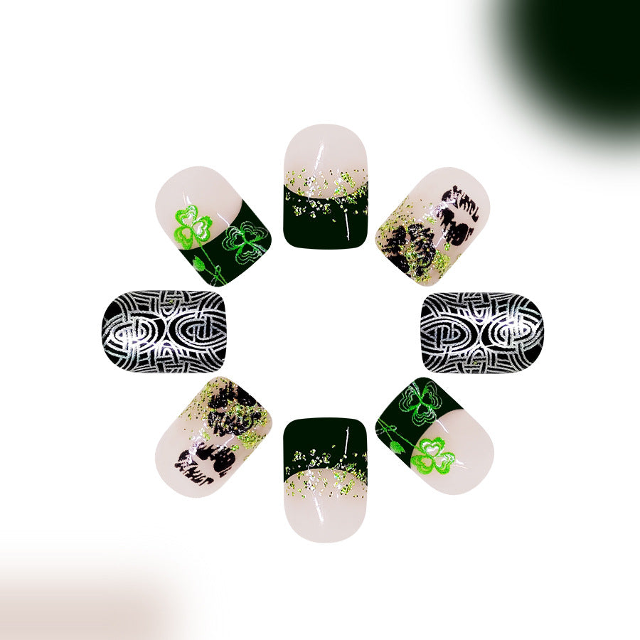 Lucky Charm Emerald Green Short Square Press-On Nail Set with Unique Floral and Geometric Artistry