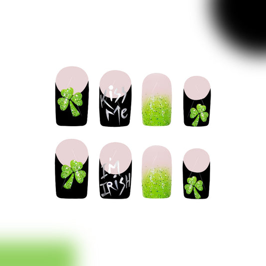 Lucky Charm Chic Green Ombre Short Square Press on Nail Set with Glitter and Shamrock Designs