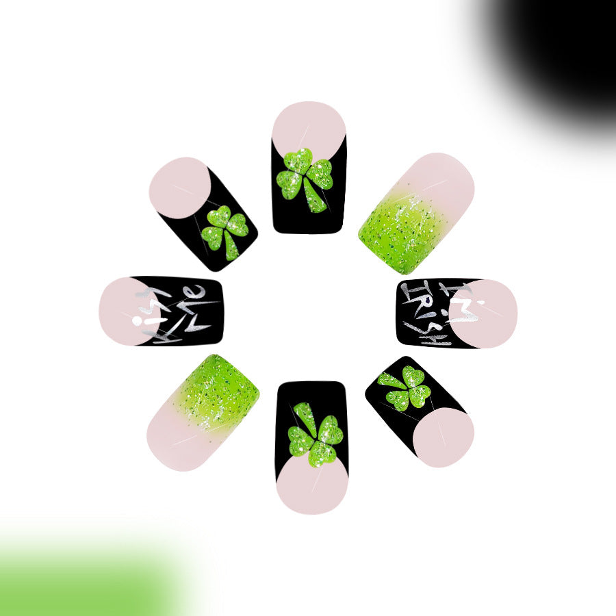 Lucky Charm St Patrick's Day Press On Nail Set Short Square Green Glitter Ombre Design with Shamrock Accents