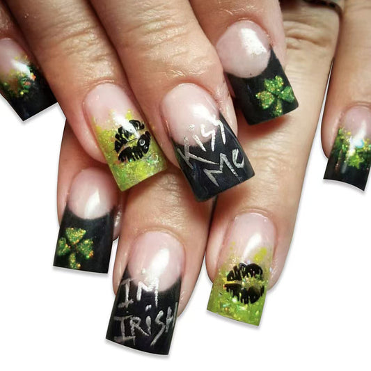 Irish Charm Fun Medium Square Green and Black Glitter Ombre Press On Nail Set with Unique Kiss and Clover Design