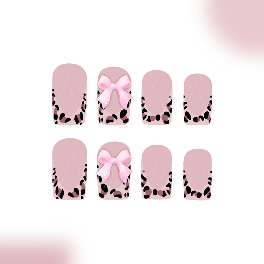 Chic Safari Short Square Blush Pink Leopard Print with Cute Bow Nail Set