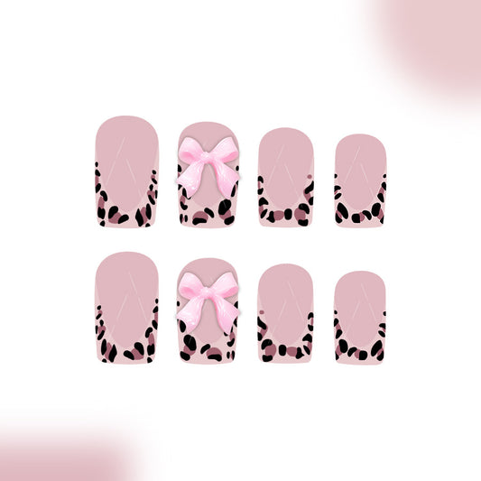 Chic Safari Short Square Blush Pink Leopard Print with Cute Bow Nail Set