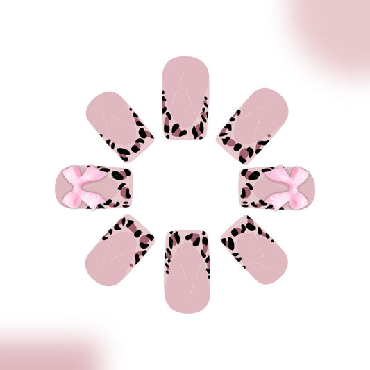 Wild Beauty Short Square Pink Leopard Print Press On Nail Set with Charming Bow Detail