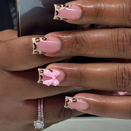 Wild Elegance Medium Square Pink Press-On Nail Set with Chic Bow and Unique Leopard Design