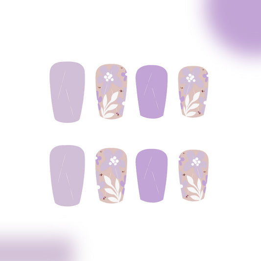 Lavender Dreams Elegant Medium Coffin Length Floral Design Press On Nail Set