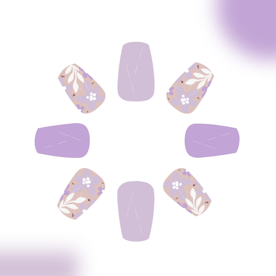 Lavender Garden Dream Press On Nails in Medium Coffin Shape Soft Purple with Floral Design
