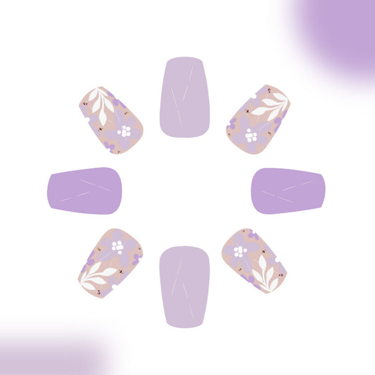 Lavender Garden Dream Press On Nails in Medium Coffin Shape Soft Purple with Floral Design