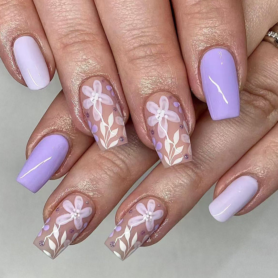 Whimsical Garden Inspired Medium Coffin Lavender Press On Nail Set with Elegant Floral Design