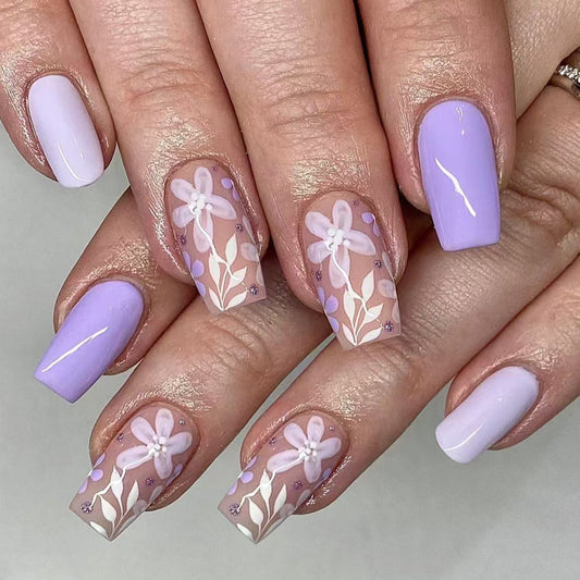 Whimsical Garden Inspired Medium Coffin Lavender Press On Nail Set with Elegant Floral Design