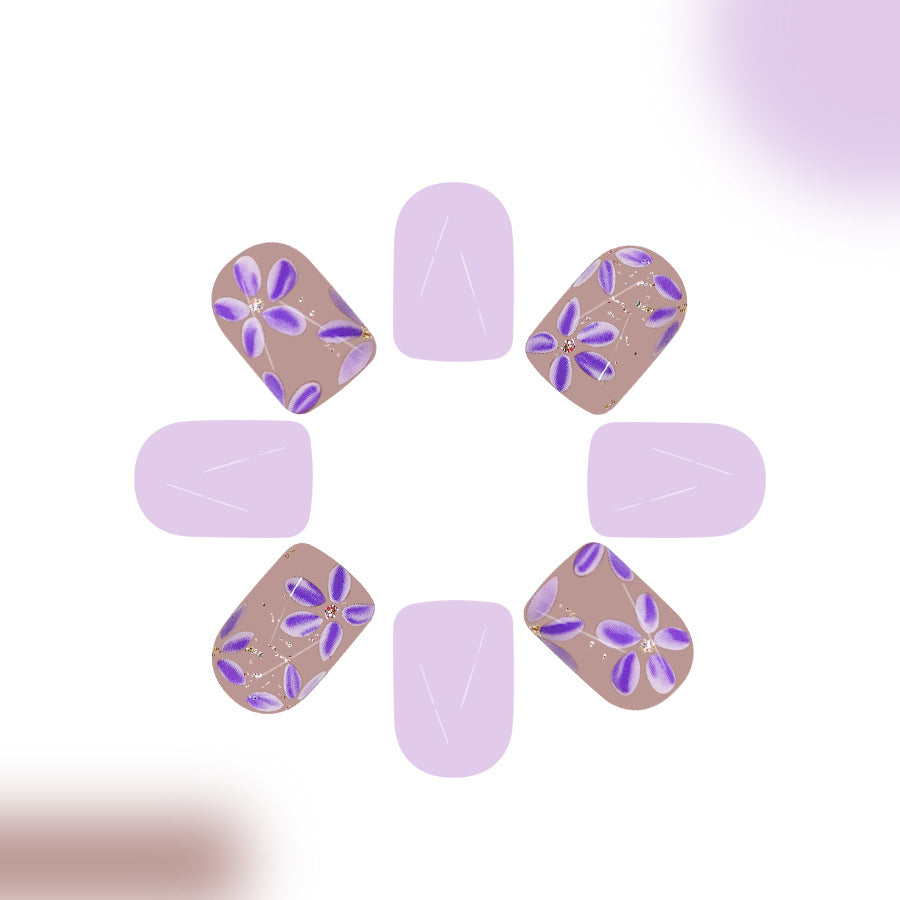 Charming Floral Elegance Short Square Lavender and Tan Press On Nail Set with Delicate Flower Designs