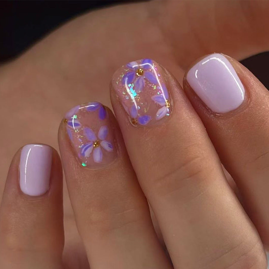 Whimsical Garden Short Square Lavender Press-On Nail Set with Floral and Glitter Accents